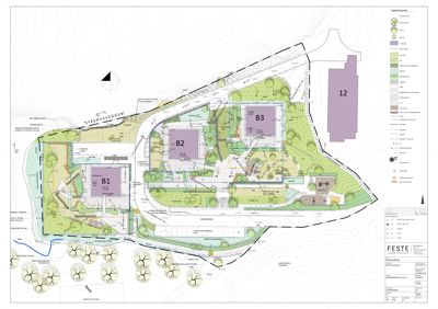 Situasjonsplan som viser tomtens form, terrengforhold, plassering av bygninger (B1, B2, B3, 12), vegsystem, beplantning og eksisterende naturmangfold.