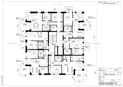 Etasjeplan (B3) som viser romfordeling, arealer og plassering av leiligheter i et fleretasjes bygg.