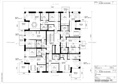Etasjeplan (Plan 5 etasje) som viser romfordeling, arealer og plassering av leiligheter i et flerboligbygg.