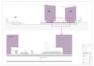 Snittegning som viser bygningens tverrsnitt, høyder, terrengforhold og detaljer i fasadenivå.