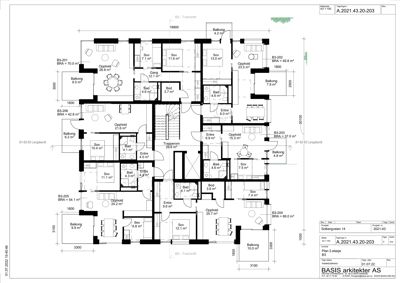 Etasjeplan (B3) som viser romfordeling, arealer og plassering av leiligheter i et fleretasjes bygg.