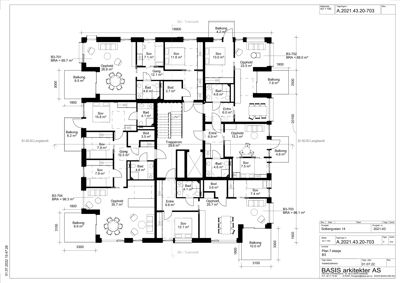 Etasjeplan (B3) som viser romfordeling, arealer og plassering av leiligheter i et fleretasjes bygg.