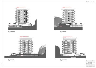 Fasadetegninger for bygning B2, vist fra fire sider (Nord, Sør, Øst, Vest) med skravering og høydemål.