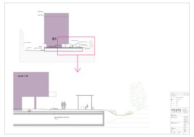 Snittegning som viser bygningens tverrsnitt, høyder, nivåer og terrengforhold.
