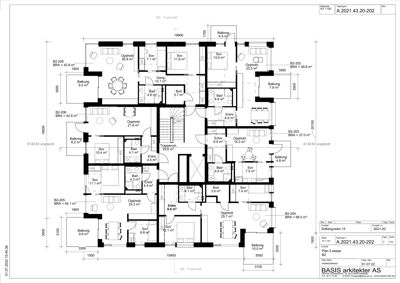 Etasjeplan (B2) som viser romfordeling, arealer og balonger for flere leiligheter.