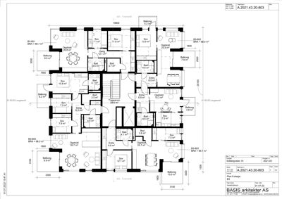 Etasjeplan for 8. etasje (B3) av en boligblokk, som viser romfordeling, arealer og balkonger.