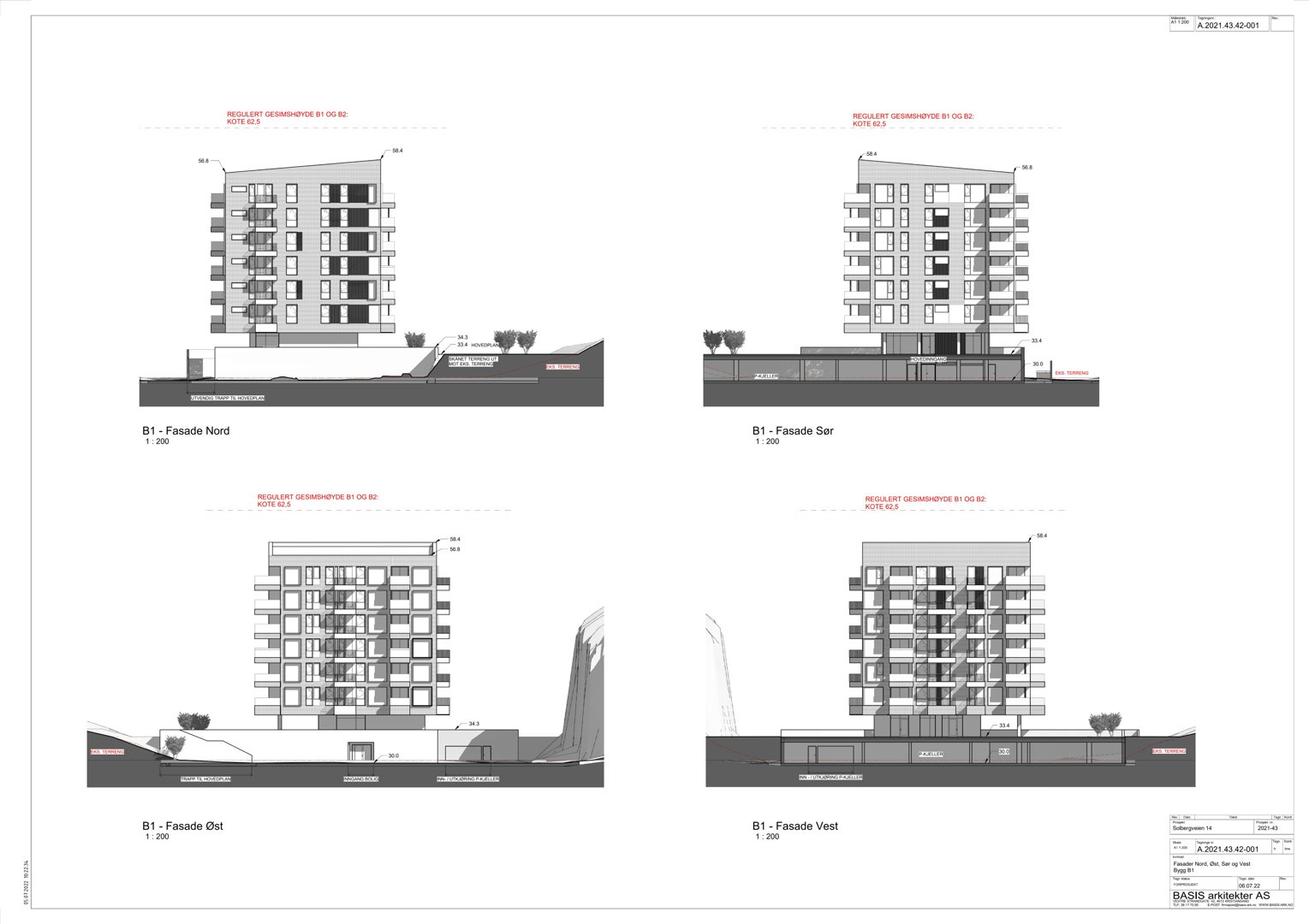 Fasadetegning som viser bygningens utseende fra fire ulike sider (Nord, Sør, Øst, Vest).
