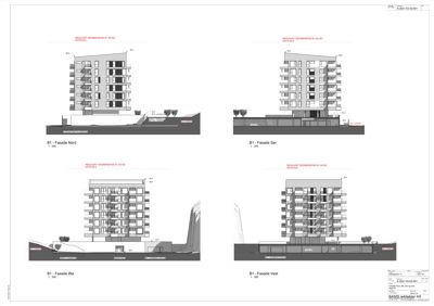 Fasadetegning som viser bygningens utseende fra fire ulike sider (Nord, Sør, Øst, Vest).