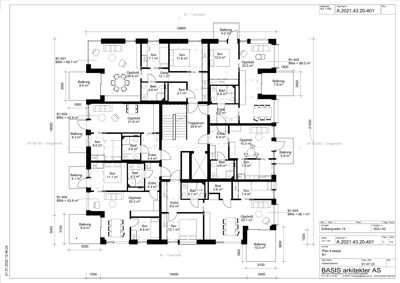 Etasjeplan (B1) som viser romfordeling, arealer og balonger for leiligheter i et flerboligbygg.