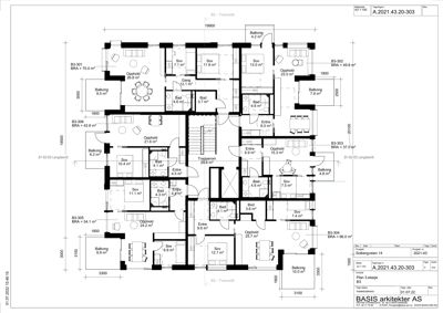 Etasjeplan (B3) som viser romfordeling, arealer og plassering av leiligheter i en bygning.