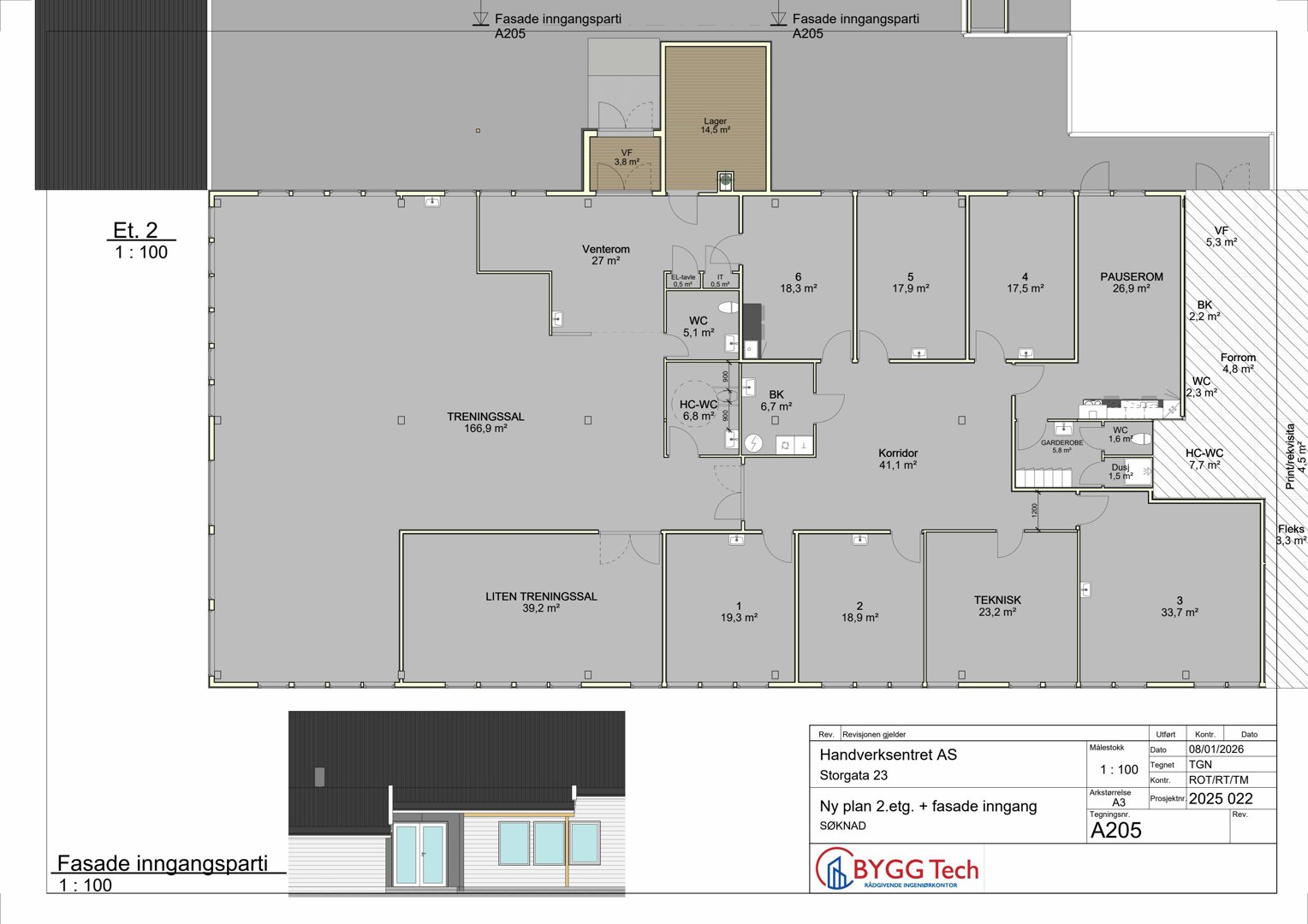 Etasjeplan for 2. etasje (Et. 2) med romfordeling, arealer og en mindre fasadetegning av inngangsparti i bunnen.
