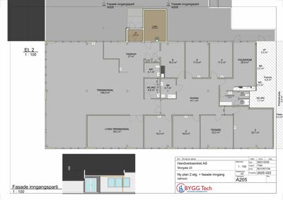 Etasjeplan for 2. etasje (Et. 2) med romfordeling, arealer og en mindre fasadetegning av inngangsparti i bunnen.