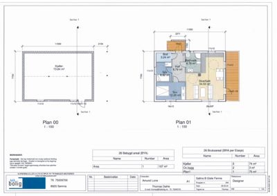 Etasjeplaner (Plan 00 og Plan 01) som viser romfordeling og mål for en bygning.