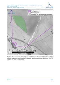 Kart som viser et kartleggingsområde, påvirkningsområde og skog i forhold til faresoner for skredfarevurdering.