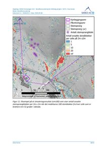 Kart over et område med overlagte data om steinsprang og kartleggingsområder, basert på bakgrunnskart fra Kartverket.