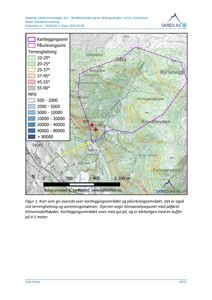 Kart som viser kartleggings- og påvirkningsområde med terrengdata (helning, MFD) og bakgrunnskart fra Kartverket.