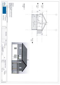 En tegning som viser et snitt (Section 1) gjennom en bygning, med mål og høyder, samt en 3D-visualisering av fasaden til venstre.