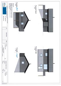 Fasadetegning som viser bygningens utseende fra fire sider (Nord, Sør, Øst, Vest) med skråvisning og detaljer om vinduer og tak.