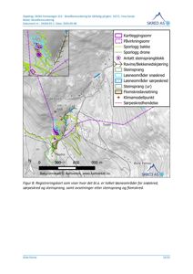 Registreringskart som viser kartleggingsområder, sporlogg, antatt steinsprangblokk, løseområder, steinsprang, flomskredavsetning og klimamodellpunkt i Voss herad.