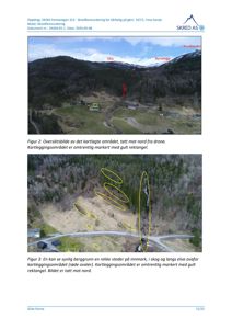 Fotografier (dronebilder) av et kartleggingsområde i Voss herad med overlagte markeringer (gult rektangel og røde ovaler) og tekster som beskriver berggrunn og elveleier.