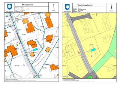 Bildet viser to kart: en situasjonsplan og en reguleringsplan for eiendommen Grodboltveien 62. Disse viser eiendommens plassering i forhold til nabolaget og reguleringsplanen for området.