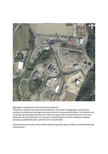 Satellittbilde eller flyfoto av et industriområde med en bygning markert med en rød sirkel.