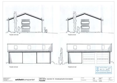 Fasadetegning som viser bygningens utsyn fra fire sider (nord-vest, sør-øst, nord-øst, sør-vest).