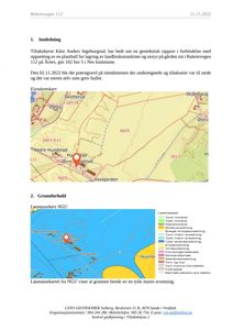 Bildet viser en rapport med to kart: et eiendomskart (situasjonsplan) og et løsmassekart fra NGU.