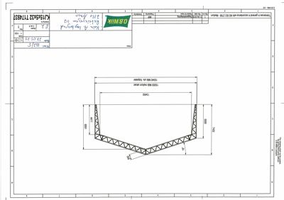 Tegning som viser detaljert konstruksjon av en stålkonstruksjon (truss) med angitte dimensjoner og materialer.