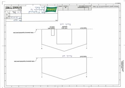 Fasadetegning som viser fronten på en bygning med to fasader (A og B), en port og en garasje.