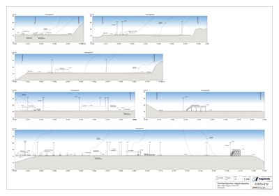 En samling av seks forskjellige snittegninger (Tverrsnitt A-F) som viser terrengprofil, grunnforhold og konstruksjoner.