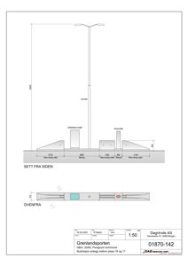 Tegning som viser oppriss av en lysmast sett fra siden (SETT FRA SIDEN) og ovenfra (OVENFRA), med angitte mål og materialer.