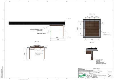 Detaljtegning som viser konstruksjonen av en takkant med takpanner, taklist og understøttelse.