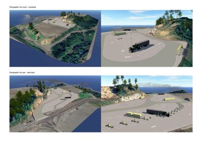 Fire 3D-visualiseringer (renderinger) som viser et anleggsområde sett fra ulike vinkler (nord/nord-øst og sør/sør-vest). Bildene illustrerer terrengform, plassering av veier, parkeringsplasser og anleggsmaskiner.