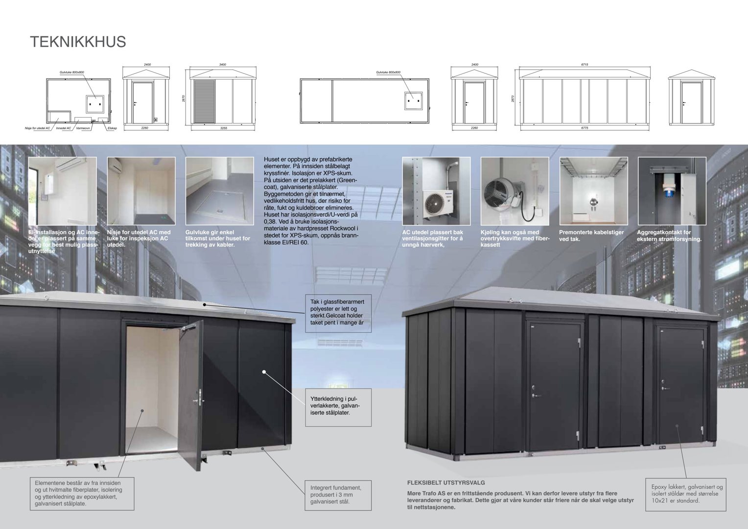 Markedsføringsbilde (rendering) av et teknikkhus med tekstbeskrivelser og detaljer.