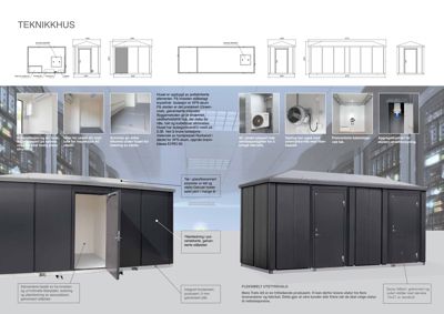 Markedsføringsbilde (rendering) av et teknikkhus med tekstbeskrivelser og detaljer.