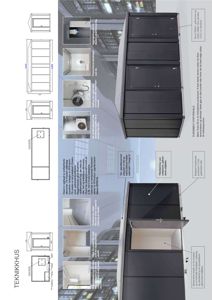 En 3D-visualisering (rendering) av et teknikkhus med tilhørende tekniske detaljer og tekstbeskrivelser.