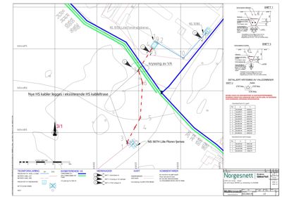Situasjonsplan som viser plassering av nye og eksisterende høyspenningsledninger (HS-kabler) i forhold til veier, eiendommer og andre infrastruktur. Planen inneholder også detaljerte snitt for kryssing av VA-ledninger.