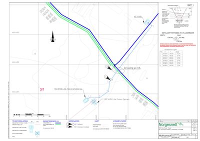 Detaljtegning som viser kryssing av VA-ledninger (NS 10150 og NS 567H) med koordinater og beregninger.