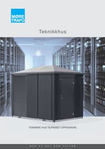 Fotografi av et teknisk hus (trafohus) sett fra front, med serverranger i bakgrunnen.