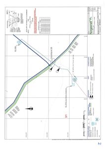 Situasjonsplan eller kart som viser ruten for en fiberkabel (Norgesnett) med koordinater, stasjoner og kryssingspunkter.