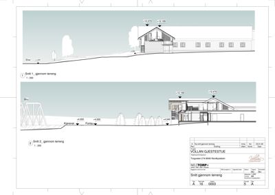 Snittegning (tverrsnitt) av bygningen sett fra siden, som viser høyder, terrengforhold og konstruksjon.