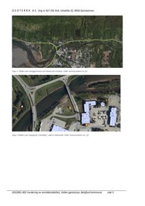 Bildet viser ortofoto og topografisk kartmateriale som viser beliggenheten til et tiltak (rødt område) i forhold til omgivelsene, inkludert veier, elv og nabolag.