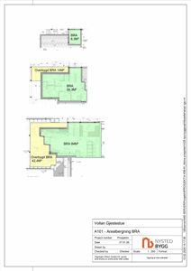 Tegning som viser arealbergningsplaner (BRA og overbygging) for Vollen Gjestestue.