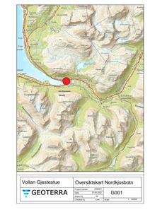 Oversiktskart (situasjonskart) som viser topografi, vann og vegnett i Nordkjosbotn med en markert plassering for Vollen Gjestestue.