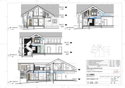 Snittegning (BA - Snitt) som viser tverrsnittet av en bygning med detaljer om innvendig oppbygning, høyder og planfordeling.