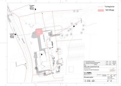 Situasjonsplan som viser tomtgrenser, eksisterende og nytt tilbygg, samt parkeringsplasser for VOLLAN GJESTESTUE.