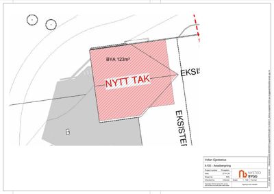 Situasjonsplan som viser et nytt tak (BYA 123m²) i forhold til eksisterende bygning og tomtegrenser.