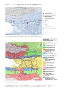 Bildet viser to kart fra Geoterra AS: øverst et grunnløpskart for marin leire og nederst et løsmassekart for Vollen gjestestue i Balsfjord kommune.