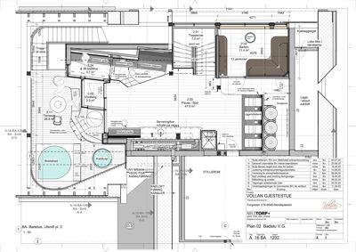 Etasjeplan for et badsturom (Plan 02) som viser romfordeling, dimensjoner og tekniske detaljer.